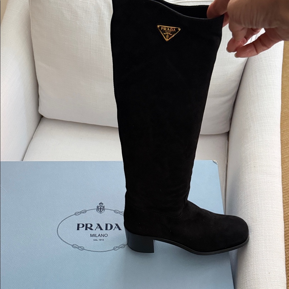 Prada Women's Chic Black Suede Heeled Boots - Picture 1 of 5